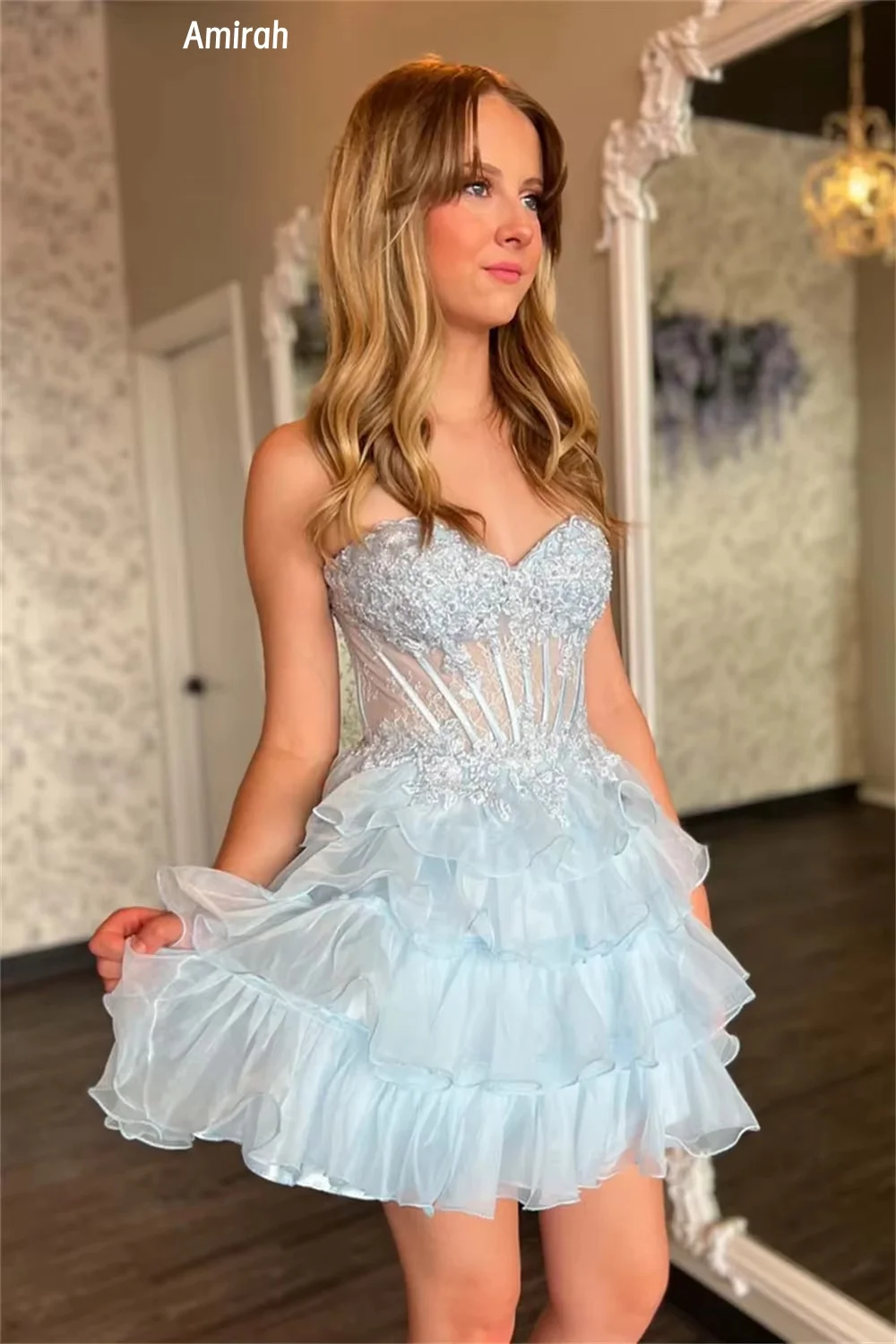 Amirah-vestidos de noche elegantes hechos a medida para mujer, vestido de fiesta elegante de lujo con estampado de encaje, falda para la playa, graduación con hombros descubiertos