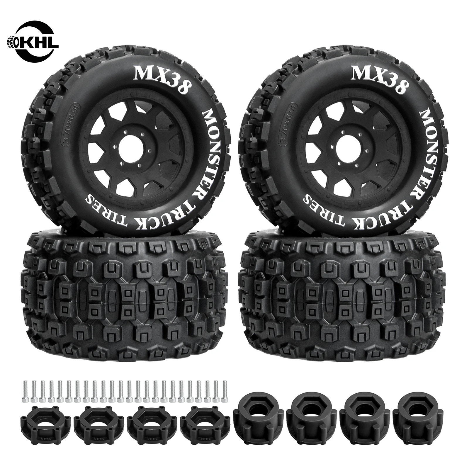 OKHL 4PCS 3.8in Monster Truck Tires 175x94mm Pre-Glued 12mm 17mm Hex for 1/8 ARRMA Kraton 6S Outcast Notorious Red