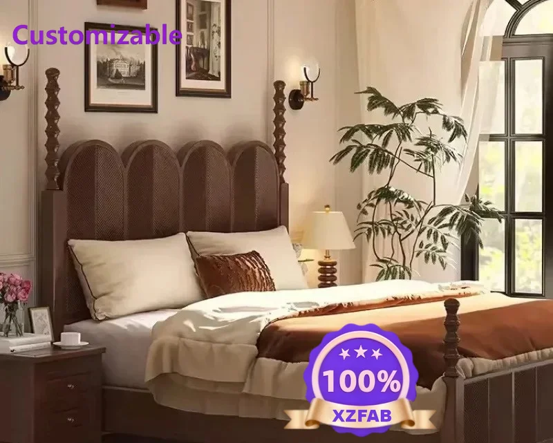 Factory Direct 2026 Medieval solid wood   black retro double Amy  wedding bed American Roman column carved master bedroom