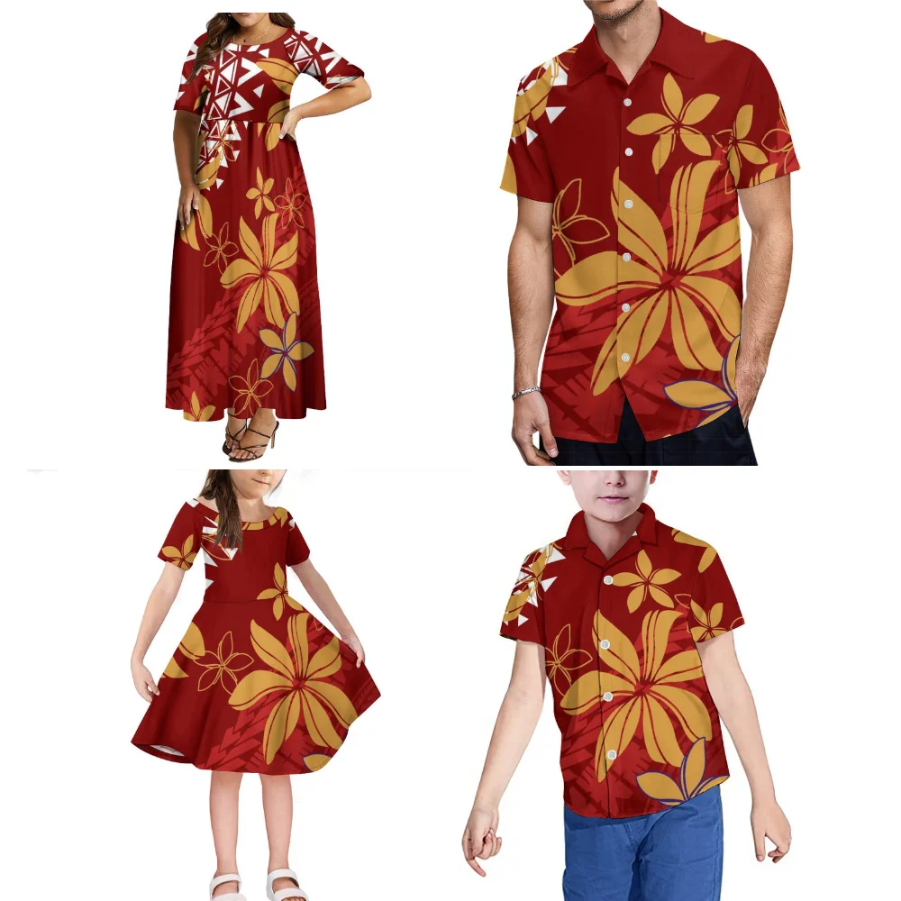 

Custom Wholesale Family Party Uniform Floral Print Polynesian Ladies Large Hemline Dress Girls Dress Men Boys Hawaiian Shirt