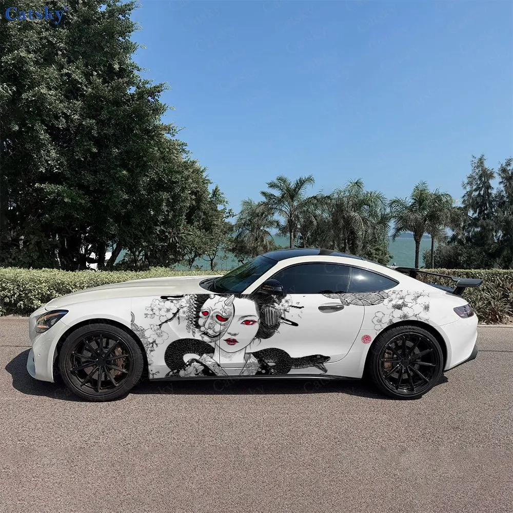 2pcs Japanese Geisha & Snake Car Side Wraps, Self-Adhesive PVC Waterproof & Scratch-Resistant Stickers, Car Accessory Gift