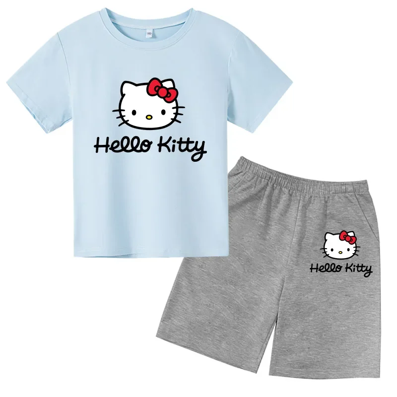 Summer Hello Kitty T-shirt Set Boys' Clothing  Leisure Cotton PikachuShort Sleeve Preschool 3-12 Girls' Cartoon Animal Print