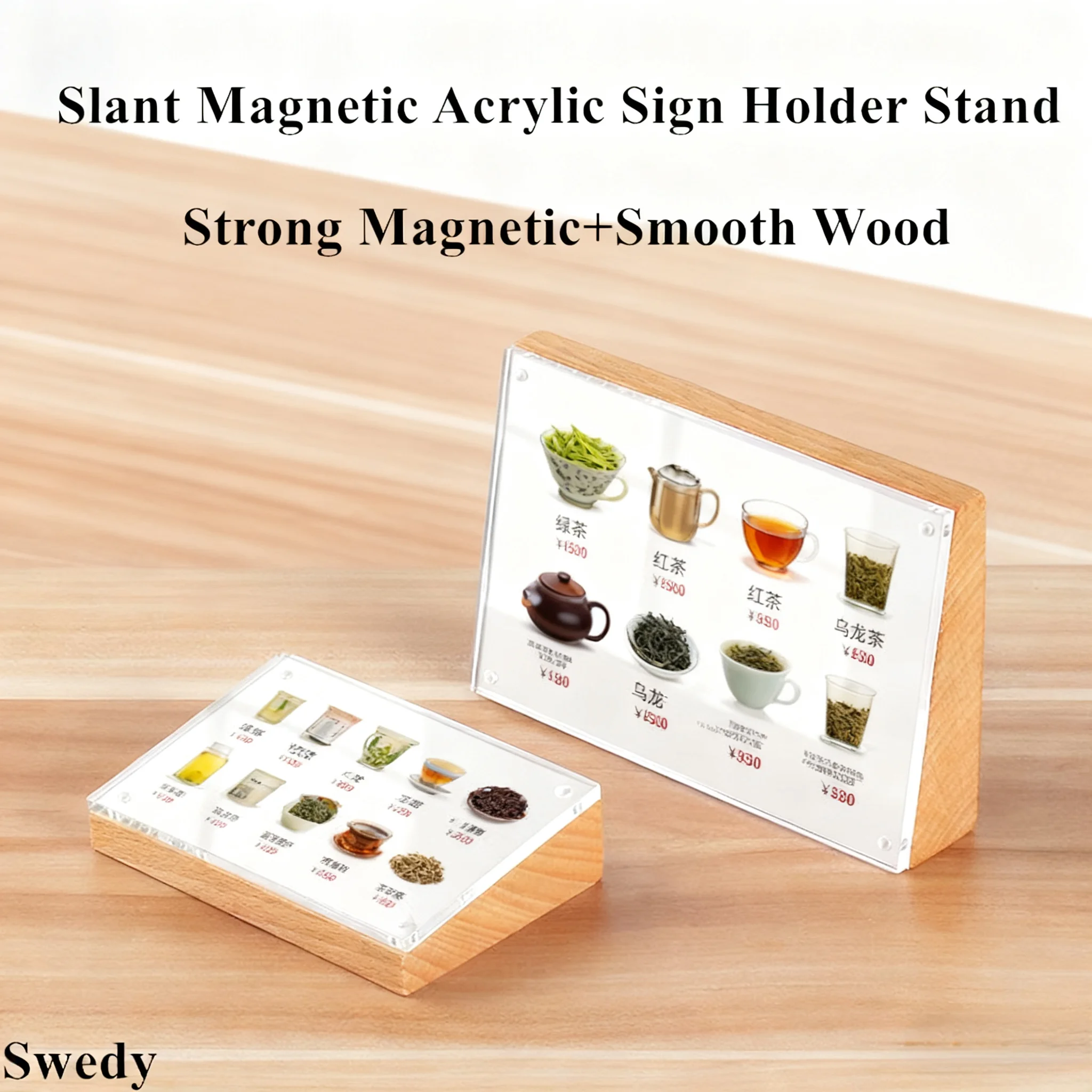 120x80mm Magnetic Wood Menu Paper Holder Acrylic Sign Holder Display Stand Picture Photo Poster Frame Price Label Card Tags