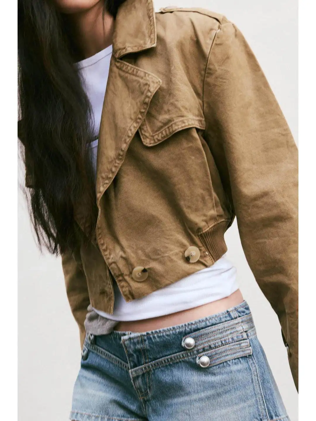 Washed Short Windbreaker Casual Double-breasted Elastic Hem Buckle Spring New Arrival Women's Polyester Fiber Long Sleeve Coat