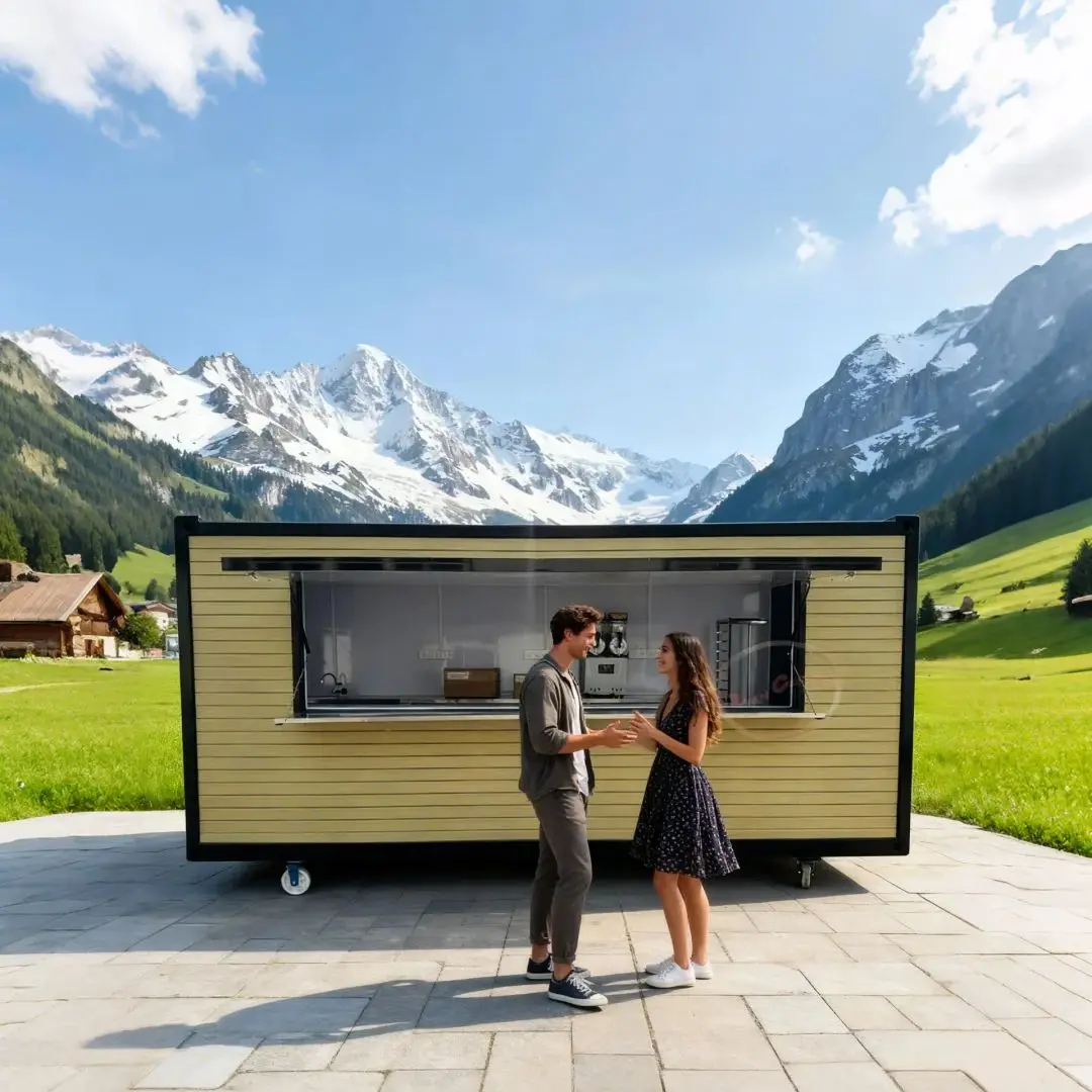 Outdoor Food Trailer Light Yellow Body with Black Borders Industrial Style Texture Design Mobile Kitchen Catering Truck