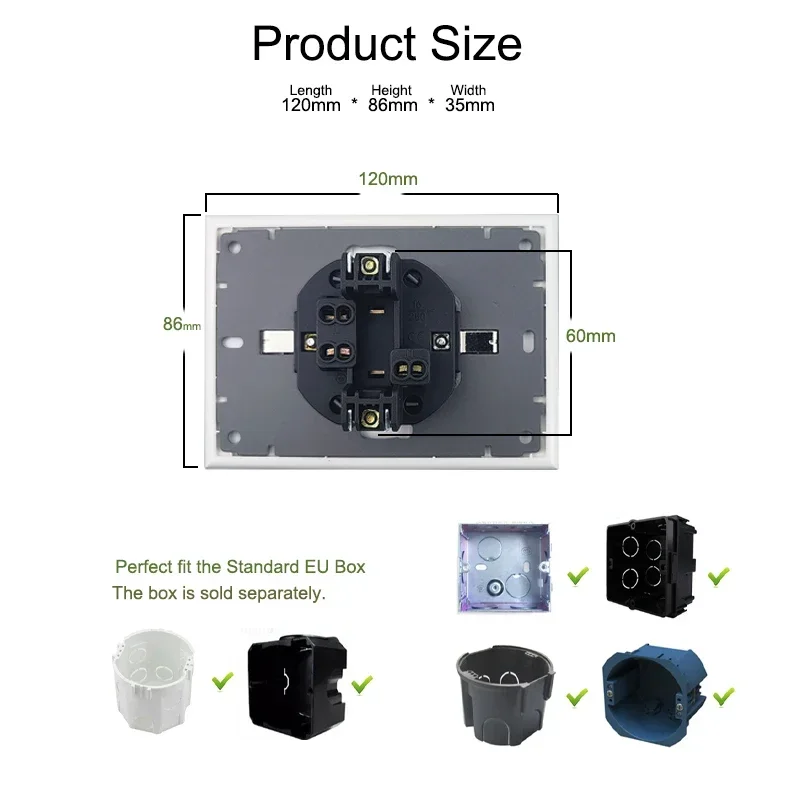 120mm Double EU Sockets for Single Box Gold Tempered Glass Panel 2 European Russia Power Outlets with Claws