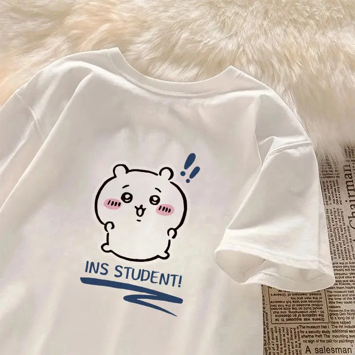 Chiikawa Ins Student T-Shirt Japanese Kawaii Anime Graphic Oversize Loose Casual Short Sleeve Cotton Top for Women Girls