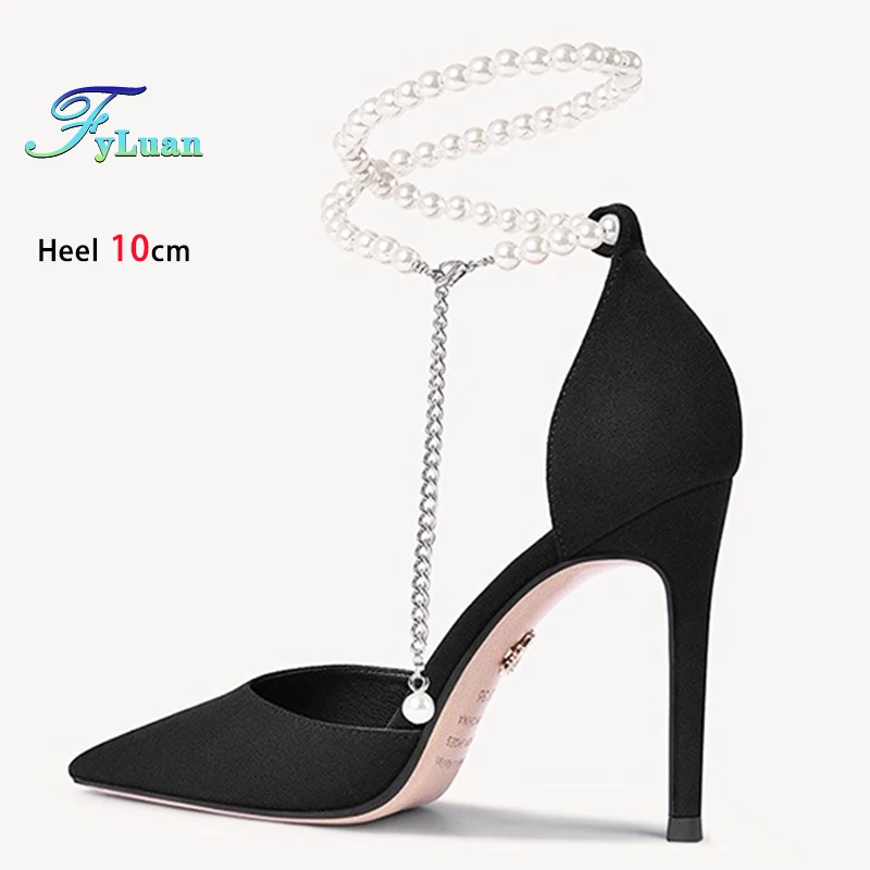 

Черные женские туфли на высоком каблуке 10 см, 8 см, 6 см, женские туфли-лодочки на тонком каблуке с острым носком, сандалии с жемчугом и ремешком-цепочкой, свадебные туфли на шпильке