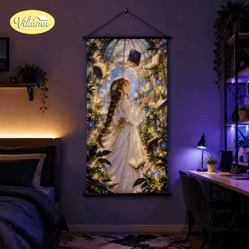 VIKAMA White Dress Girl Tapestry Glass Greenhouse Butterfly Floating Books Dream Anime Art Polyester Wall Hanging Bedroom Dorm