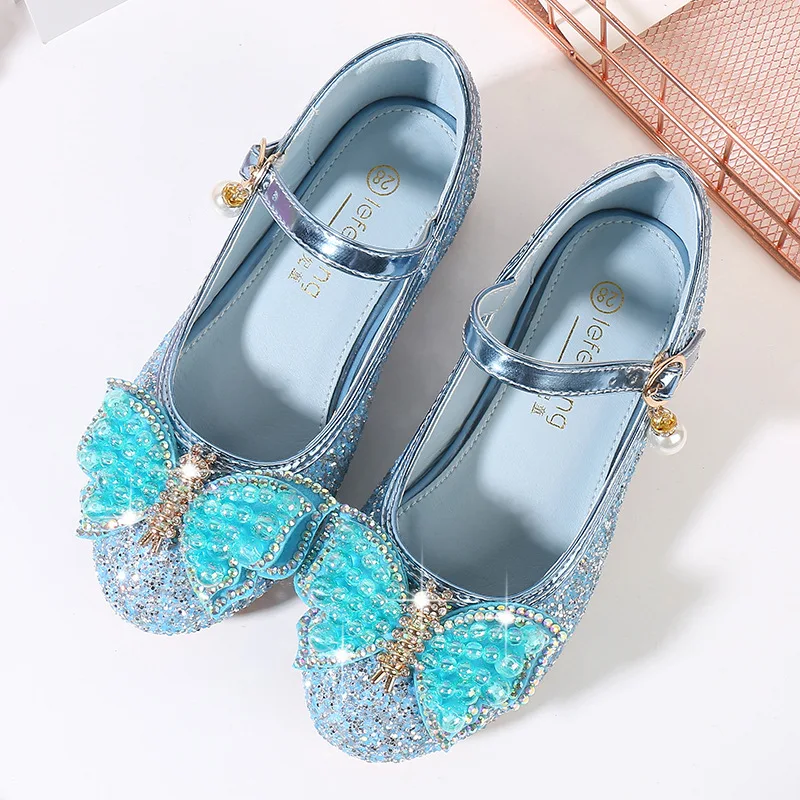 2024 New Children High Heels Rhinestone Pearl Bow Princess Girls Party Dance Leather Shoes Crystal Butterfly Kids Wedding Shoes