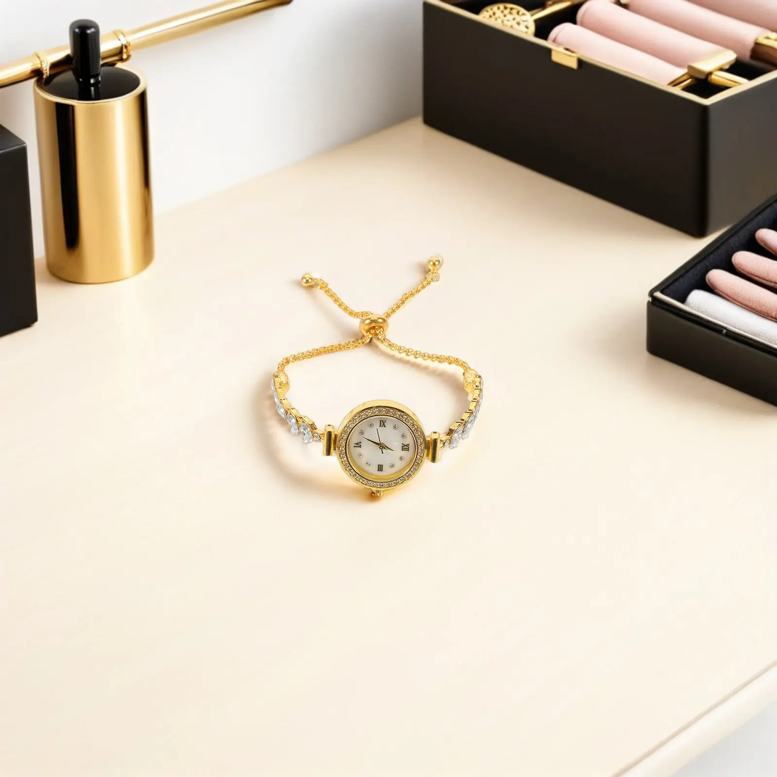 Women's Elegant Rhinestone Quartz Wristwatch Small Round Dial Bracelet Watch Slim Band Dress Wrist Watches Watches for Women