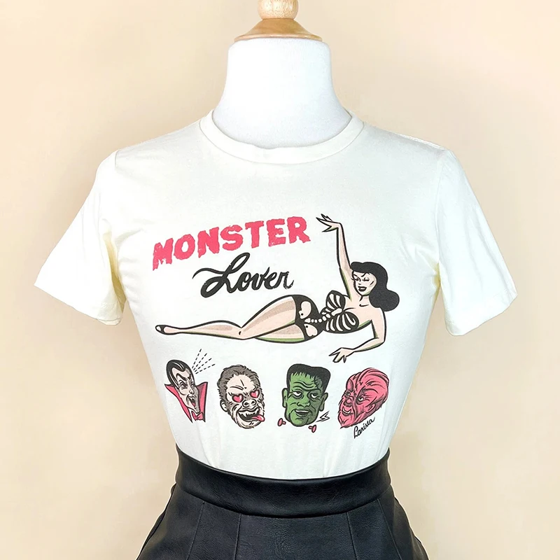 Monster Lover Cotton Wome T Shirts Vintage Loose Halloween T-shirt 90s Grunge Gothic Clothes Devil Scary Witchy Comfort Tshirt