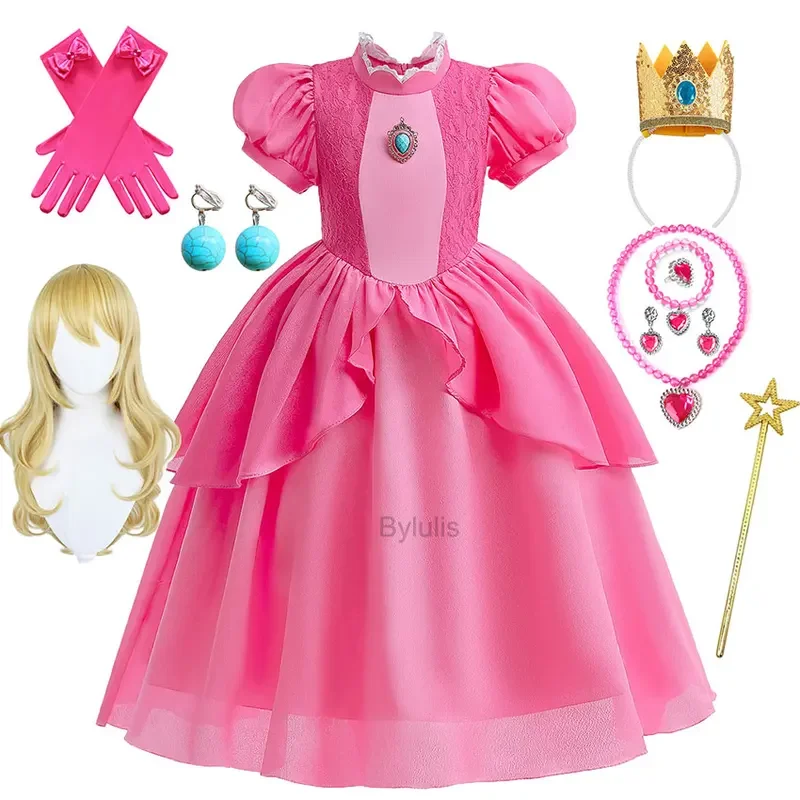 Peach Princess Cosplay Dress Girl Game Role Playing Costume Birthday Party Stage Performace Outfits Kids Carnival Fancy Clothes