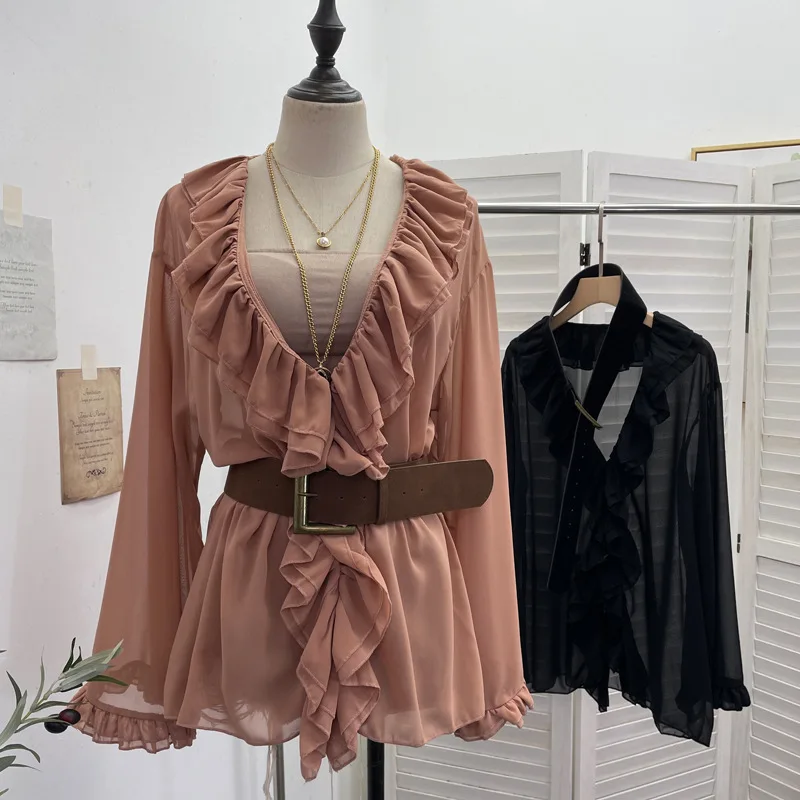 

Chiffon Cardigan With Belt For Women Thin Style Shirt Sheer Loose V Neck Spicy Girl Ruffled Long Sleeve Top Chic Shirt23219