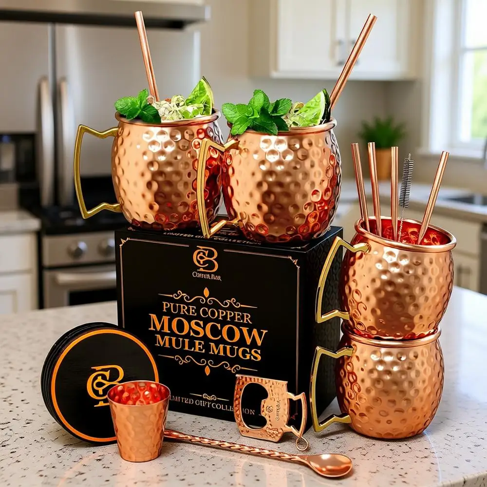 

Медные кружки - Уникальный набор из 4 штук ручной работы, кованые, 100% цельномедные чашки объемом 16 унций для воды и коктейлей, в комплекте