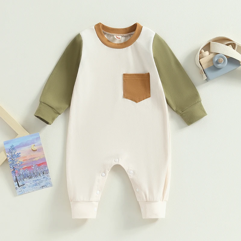 Newborn Infant Baby Boy Long Sleeve Round Neck Contrast Color Pocket Romper Pajamas Jumpsuit Fall Winter Clothes Outfit