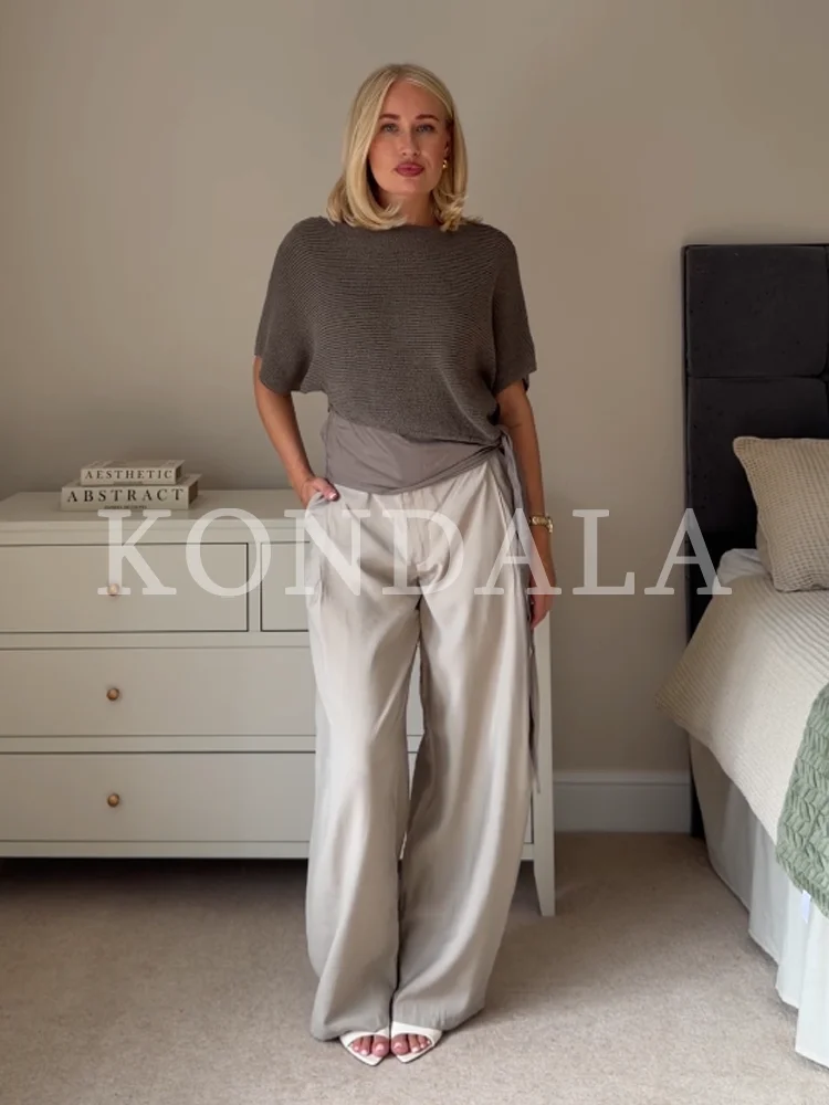 KONDALA Women Elegant Knotted Knit Tops Chic Leisure Boat Collar Short-sleeved Sweater 2026 Summer Early Fall Trendy Ladies Tops view 2