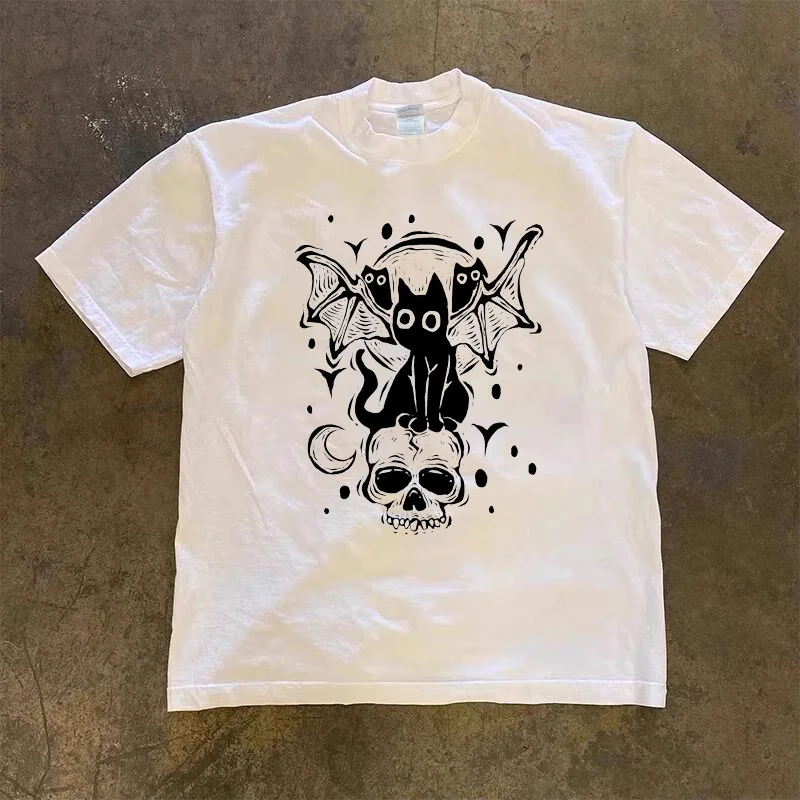 

2025 New Streetwear unisex Harajuku Devil Cat print oversized T-shirt Gothic casual cotton long sleeved short sleeved top