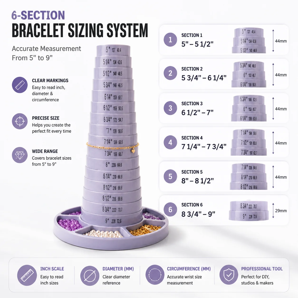 Rotating Bracelet Sizing Tower Display Stand 5 to 9 Inch Measuring System with 6 Bead Storage Compartments for Jewelry