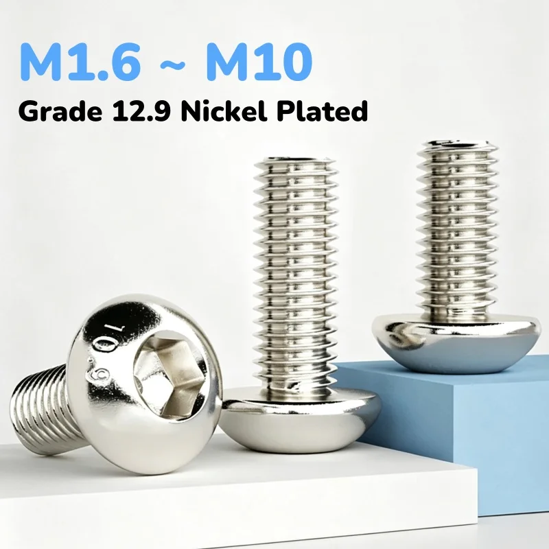 M1.6 ~ M10 Grade 12.9 Nickel Plated Carbon Steel Round Head Hexagon Socket Mushroom Head Screw Length 3~50 mm