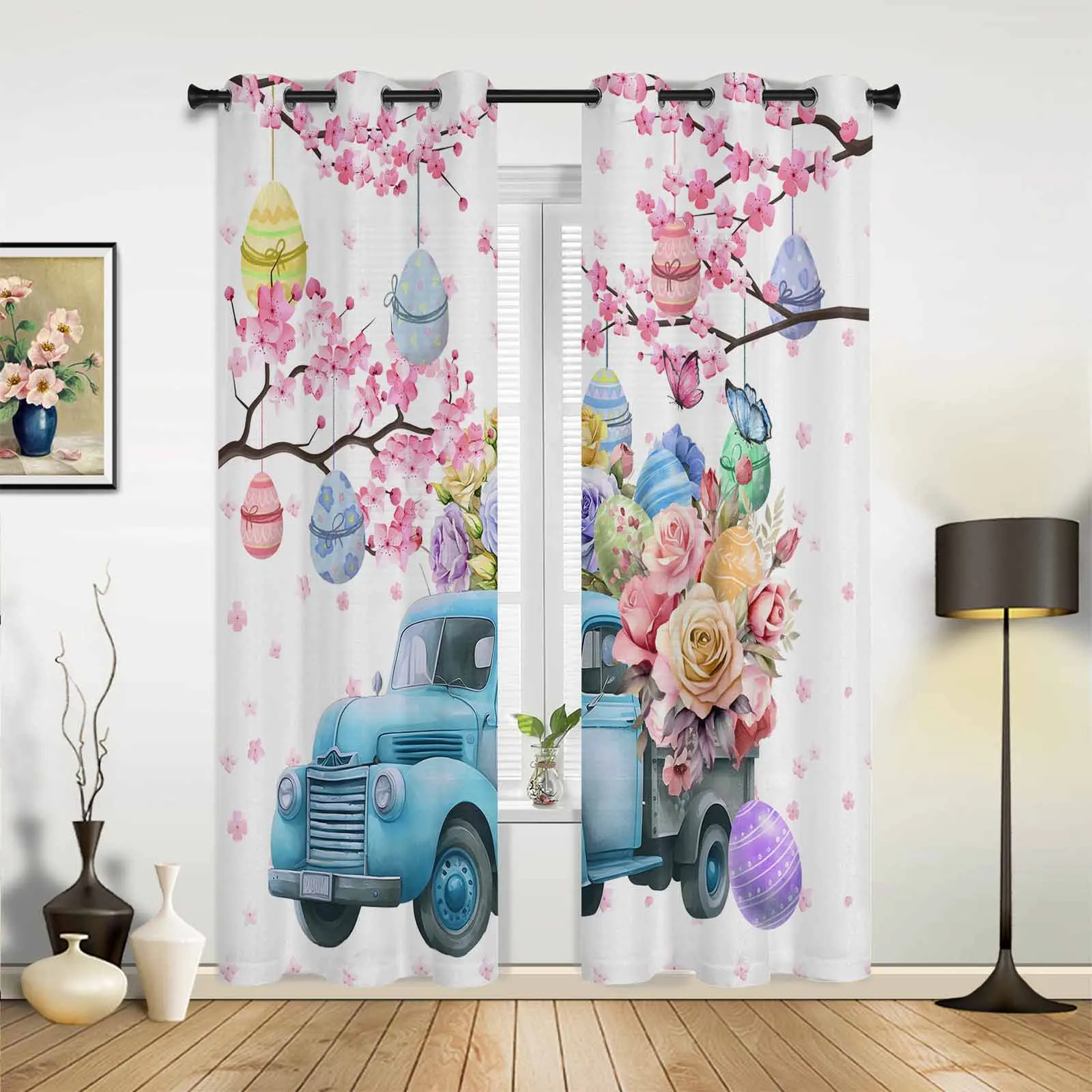 Easter Eggs Flowers Cherry Blossoms Roses Truck Living Room Curtains Modern Home Decor Kitchen Drapes Bedroom Window Curtains