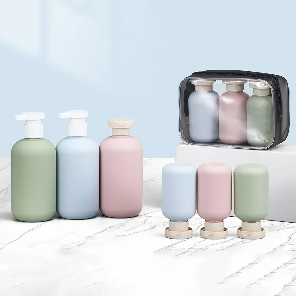 Conjunto com 3 Frascos de Plástico para Viagem de 100ml/200ml, Transparentes, Azuis, para Shampoo, Loção, Gel de Banho com Bico de Espuma