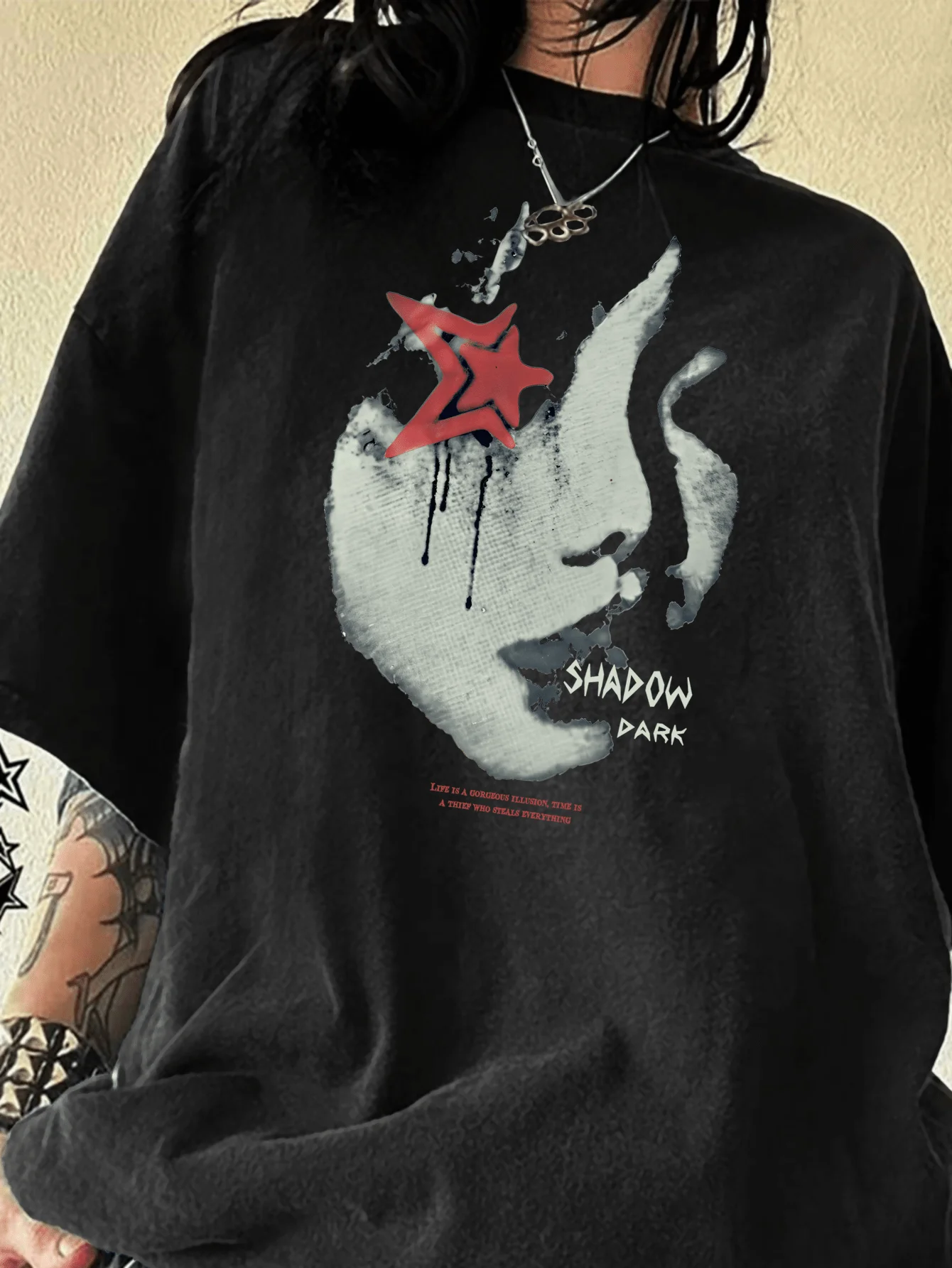 Shadow Dark Grunge Face Women's Tee - Edgy Aesthetic Graphic, Casual Punk Top