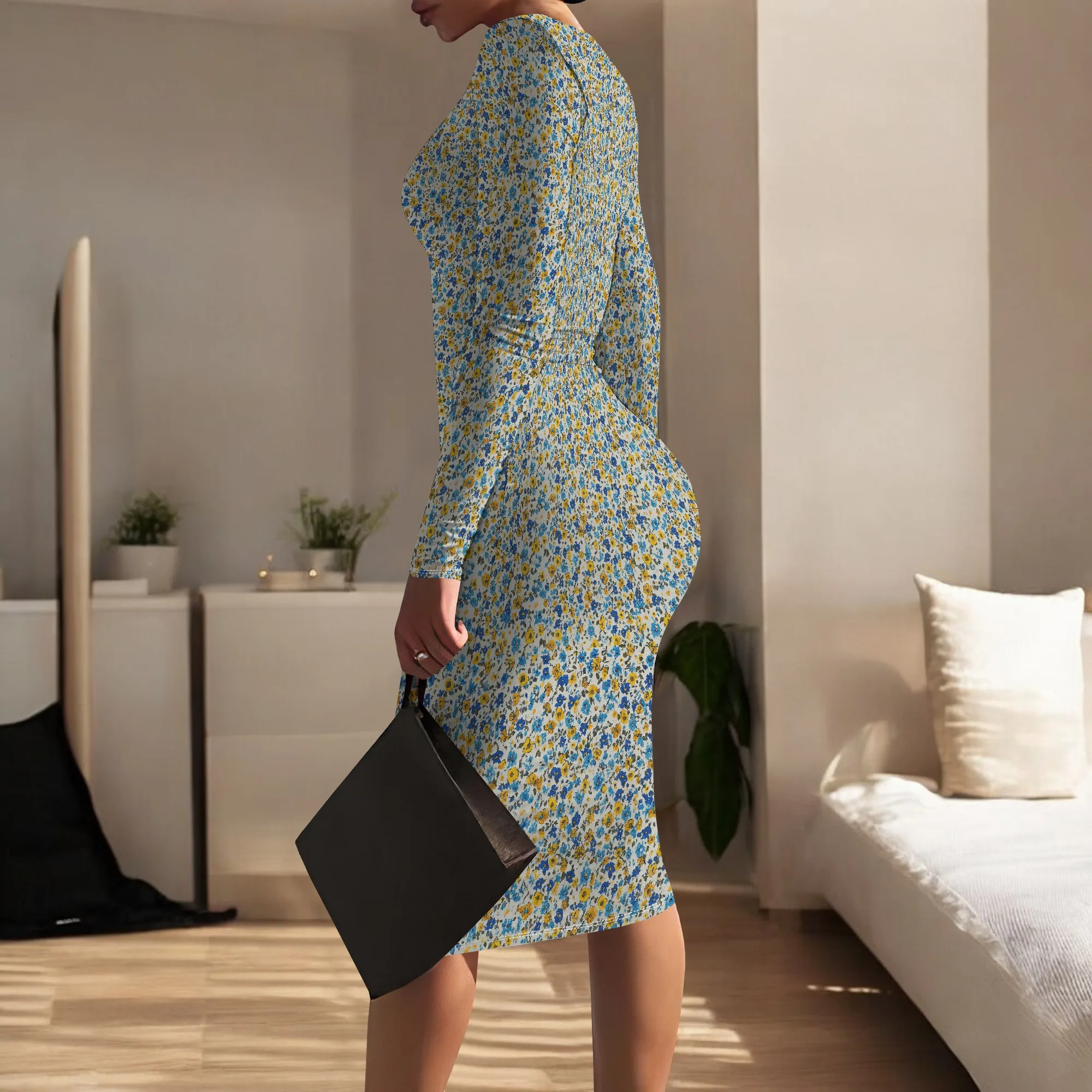 Abito longuette a maniche lunghe da donna Abito aderente sexy a tubino con girocollo Abiti da cocktail