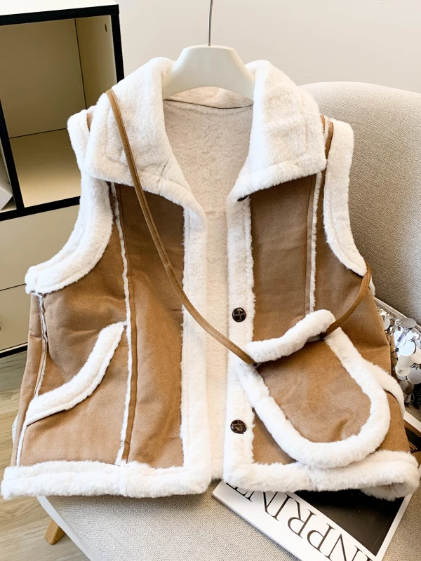 

Замшевый жилет в стиле ретро, женская верхняя одежда, осенне-зимняя новинка, теплый многослойный жилет из искусственного меха ягненка, модная женская куртка Faion