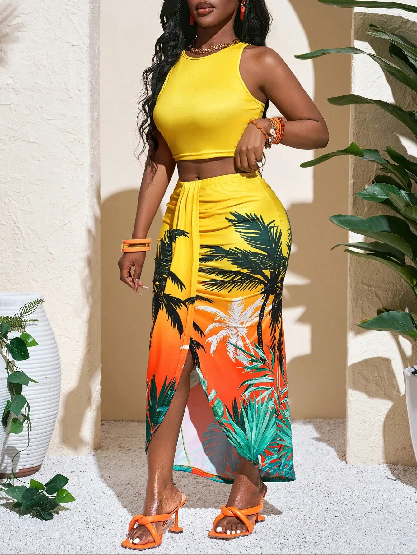 トロピカルプリント レディース ツーピースセット サイドスリットスカート付き 夏のカジュアルバケーションコーデ