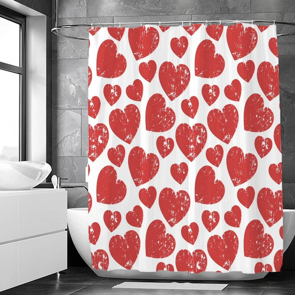 3D Love Romance Red Heart Printed Bath Curtains Waterproof Polyester Fabric Valentine's Day Shower Curtains Bathroom With Hooks