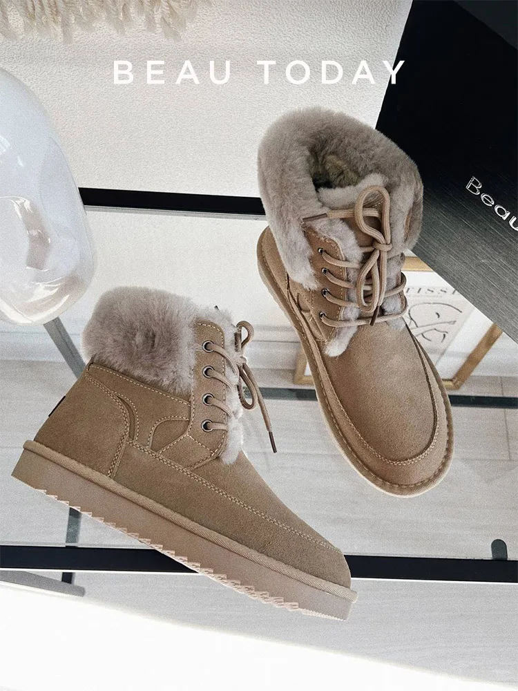 BeauToday Winter Leather Boots Women Cow Suede Round Toe Lace Up Ankle Boot Warm Wool Ladies Thick Fur Shoes Handmade A08204