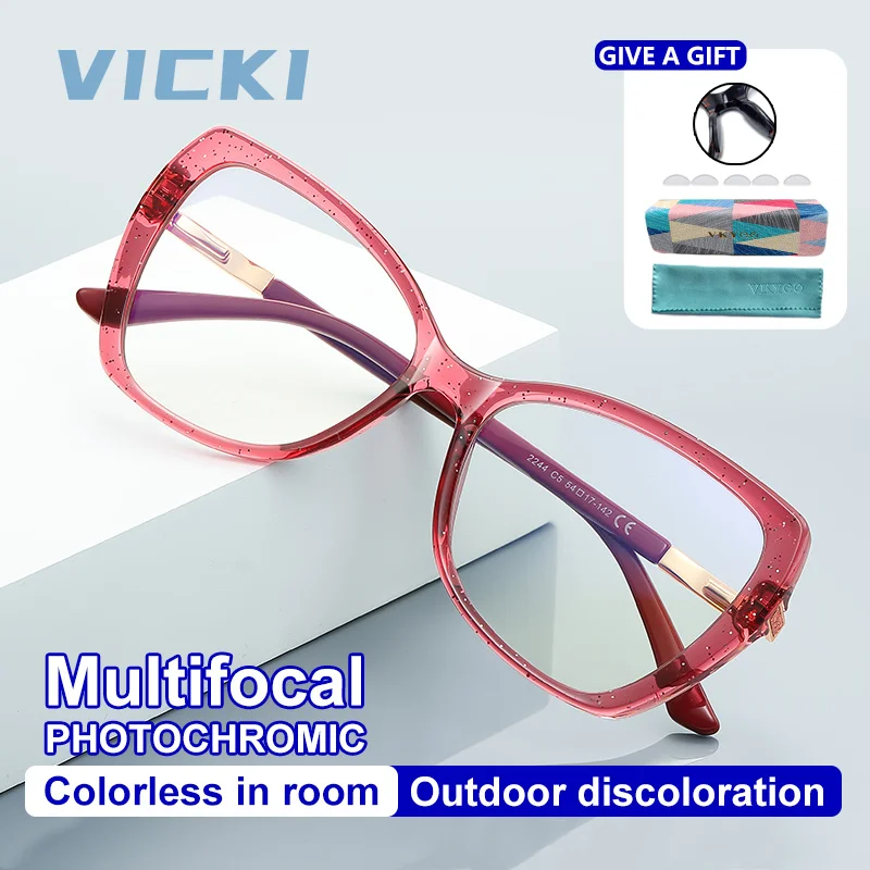 VICKI Fashion Butterfly Glitter Design Women Progressive Multifocal Photochromic Anti Blue-ray Glasses Customizable Prescription