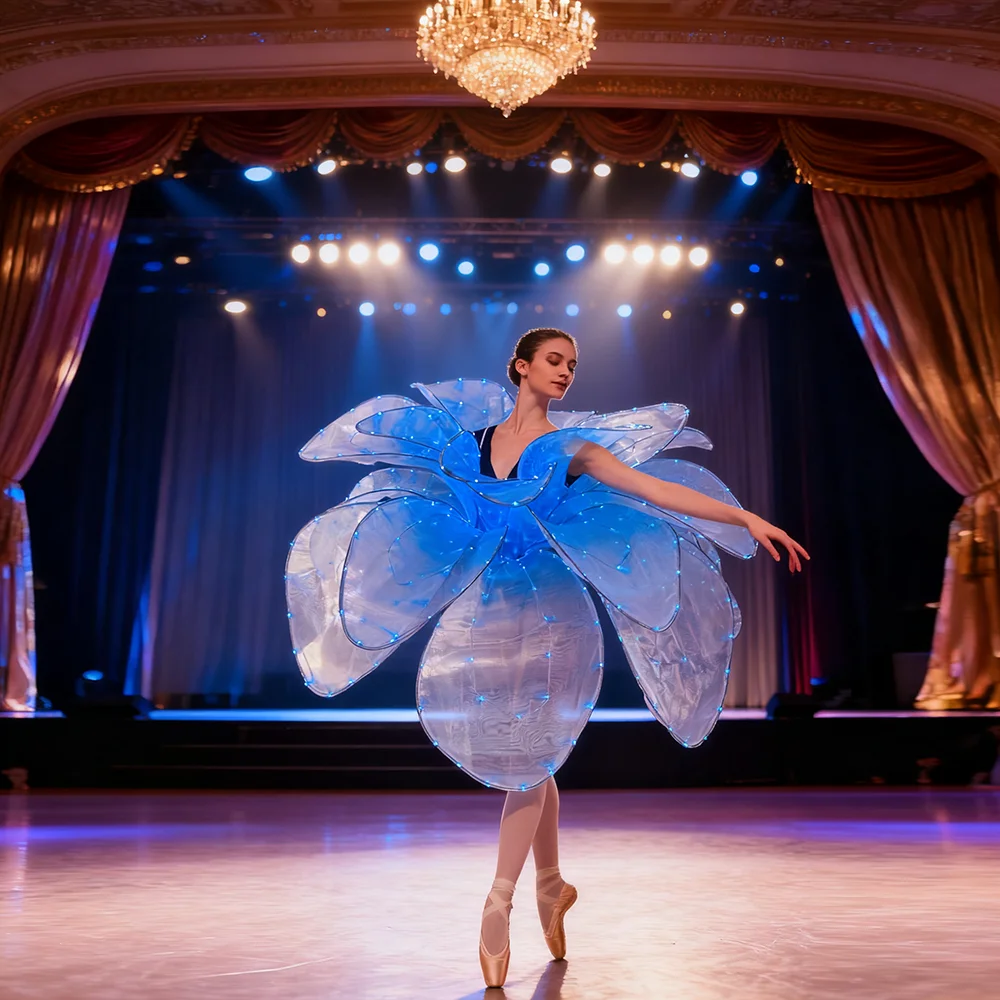 LED Flower Skirt for Stage Performance, Remote Control Dance Costume with Opening Petals and Adjustable Brightness
