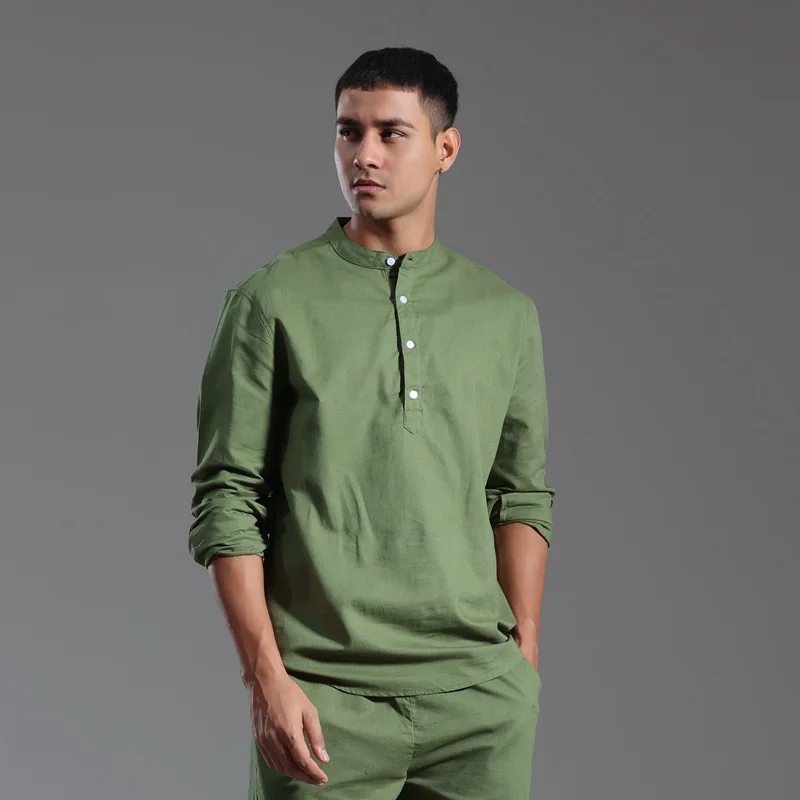 

New Men's Linen Long Sleeve TShirt Cotton Mens Shirts Designer Lightweight Streetwear Solid Color Loose Casual Breathable Shirt