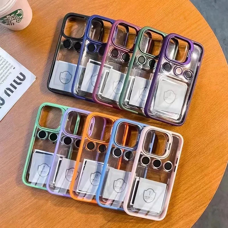 Lens Metal Ring Protector Stand Phone Case For IPhone 13 11 12 14 15 16 Pro Max Plus Camera Glass Lens Film Transparent PC Cover image 6
