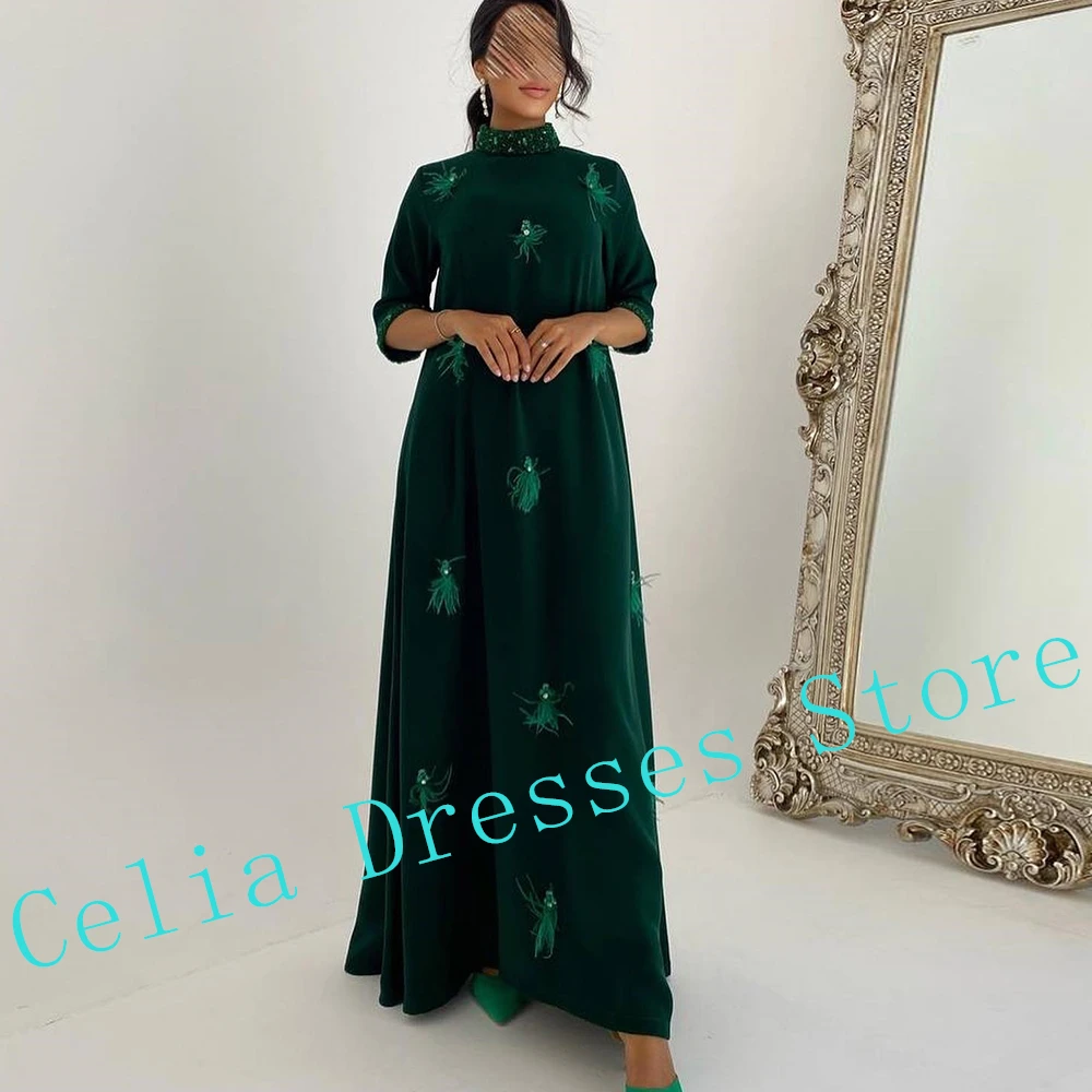 Feathers Crystal Formal pleats Evening Dress Green Modern Long Sleeves Jersey Straight Floor Length High Neckline Prom Gowns