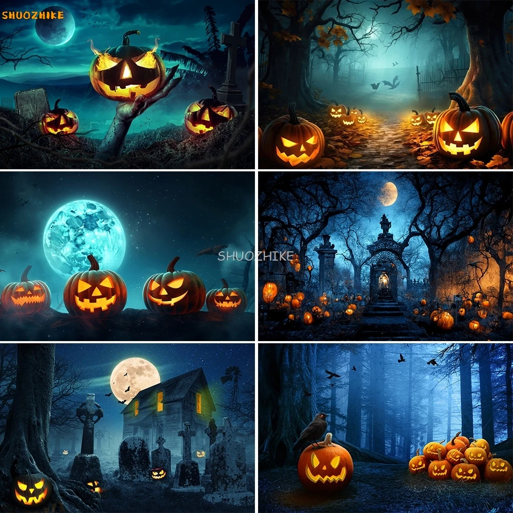 

Halloween Party Photocall Backdrop Horror Night Scary Pumpkin Moon Forest Castle Children Portrait Photography Background