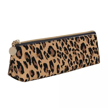 Retro Luipaard Driehoek Etui Jungle Animal Print Meisjes Jongens College Rits Pennenbakje Kawaii Lederen Pen Tas