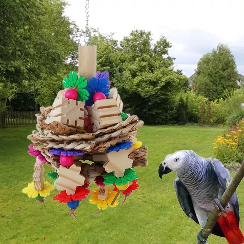 Bird Parrot Chewing Wooden Beads Blocks Corn Husks Colorful Chew Toy for Conures Parakeets Cockatiels Lovebirds