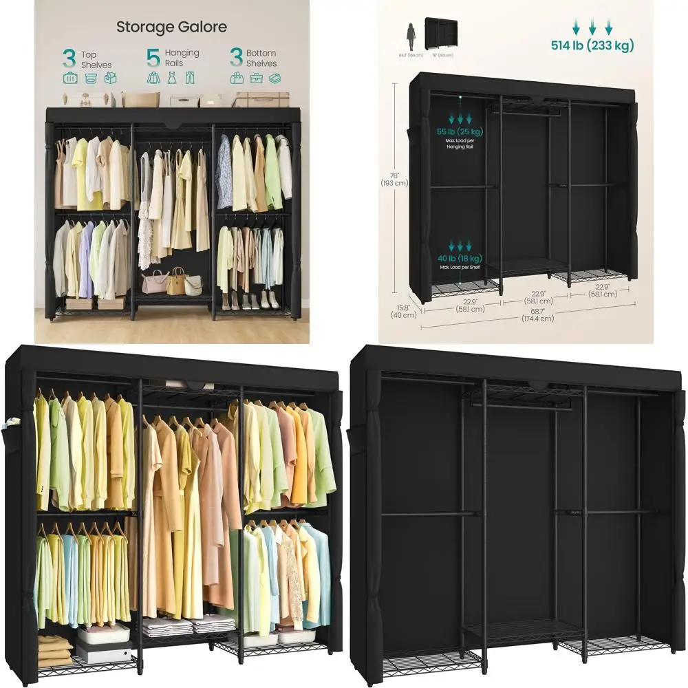 

68.7 Wide Portable Heavy-Duty Clothing Rack with Adjustable Mesh Shelves and Hanging Bars, Ink Black