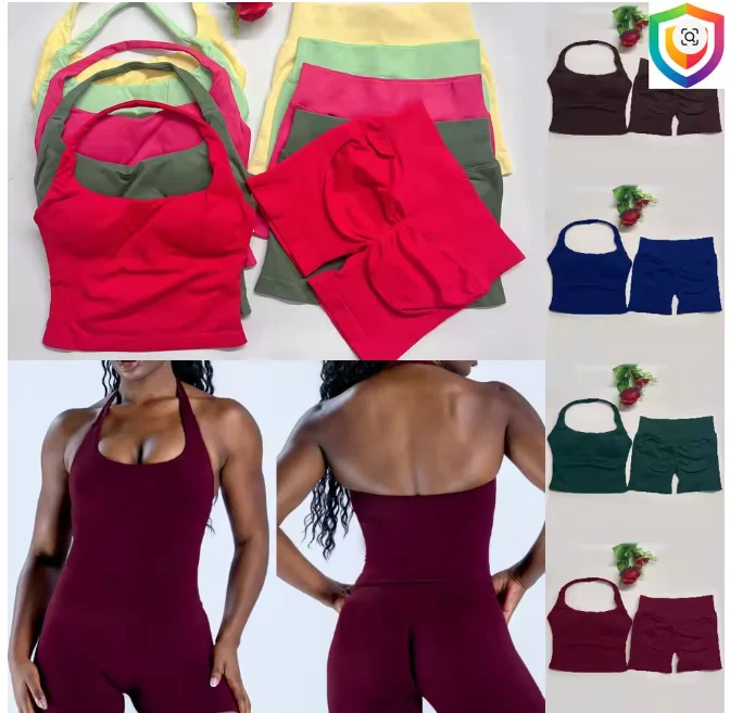 Ensemble de yoga dos nu pour femmes DF L0G0, 2 pièces, haut extensible sans couture, short taille haute froncé, tenues de sport