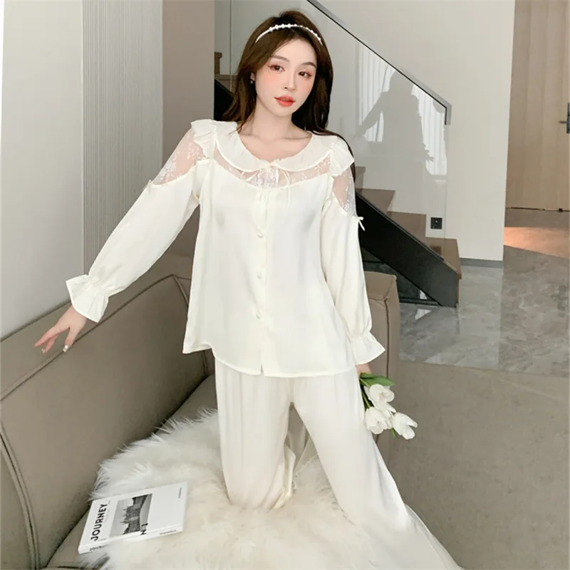 Temperament Noble Summer Satin New Pajamas Women Ice Silk Cardigan Hollow Lotus Collar Loungewear Elegant Lace Pyjamas Sets Pj