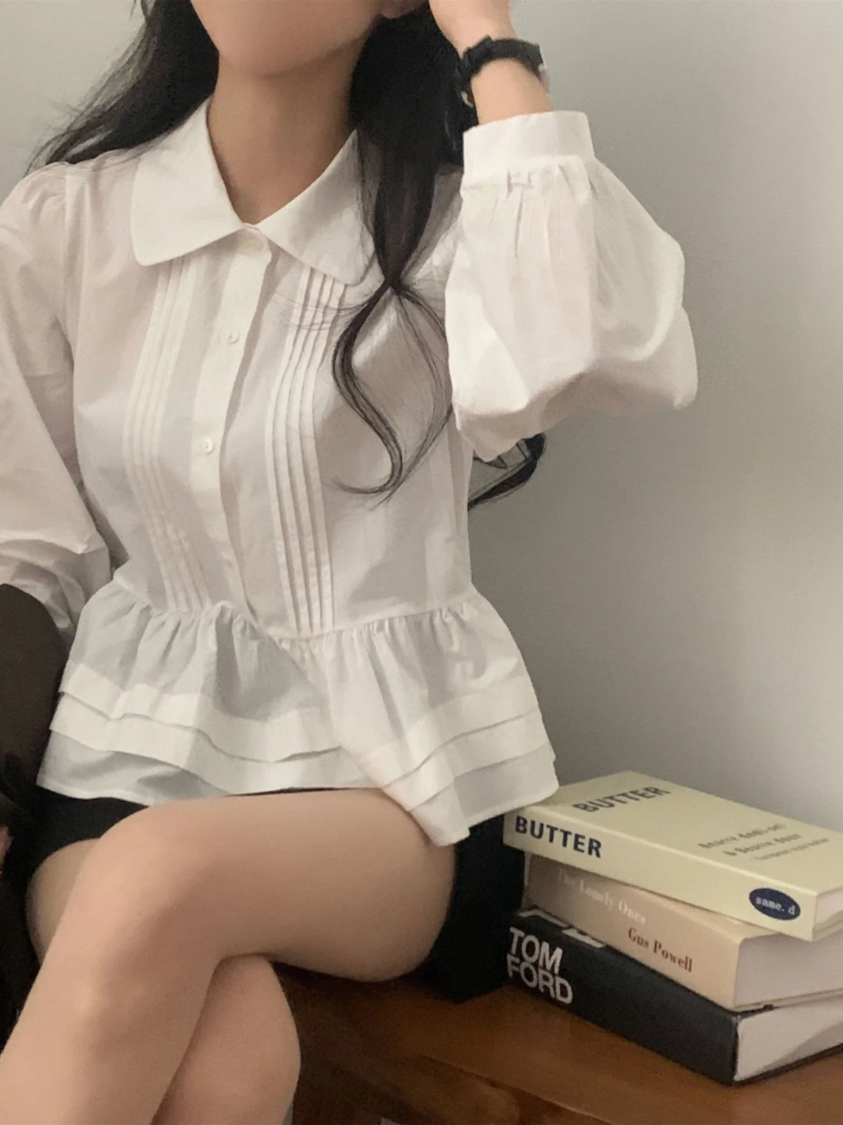 

Chic Spring Chic Doll Collar Women's irt Pred Long Sve Unique Design Loose Fit White irt Korean Sle Bubble Sve