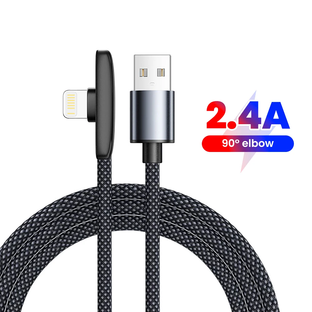Cabo USB para Lightning de Carregamento Rápido com Conector em Ângulo de 90 Graus para iPhone 14 13 12 11, Cabo de Dados Trançado