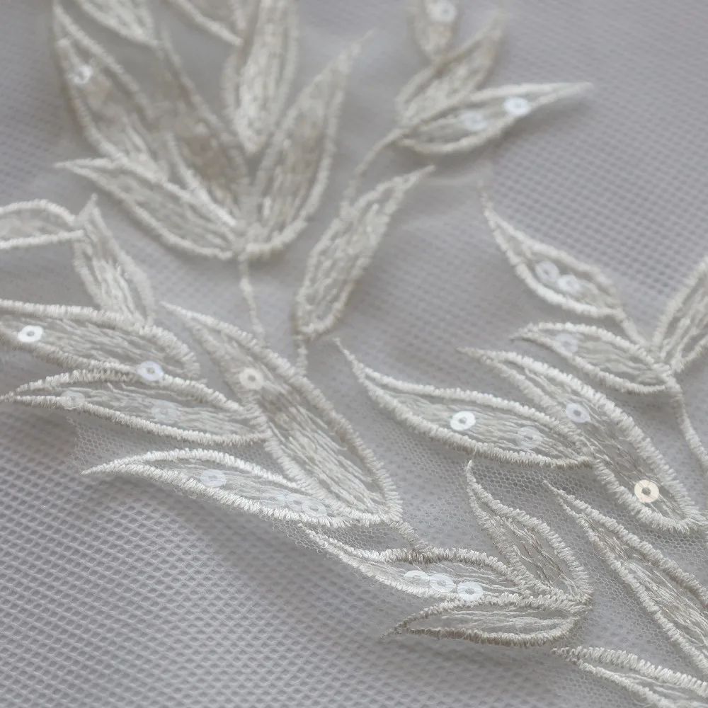 2PCS White Leaf Leaves Lace Fabric Sequin Embroidered Party Gown Appliques Collar Sew Patches For Wedding Decoration Dress DIY