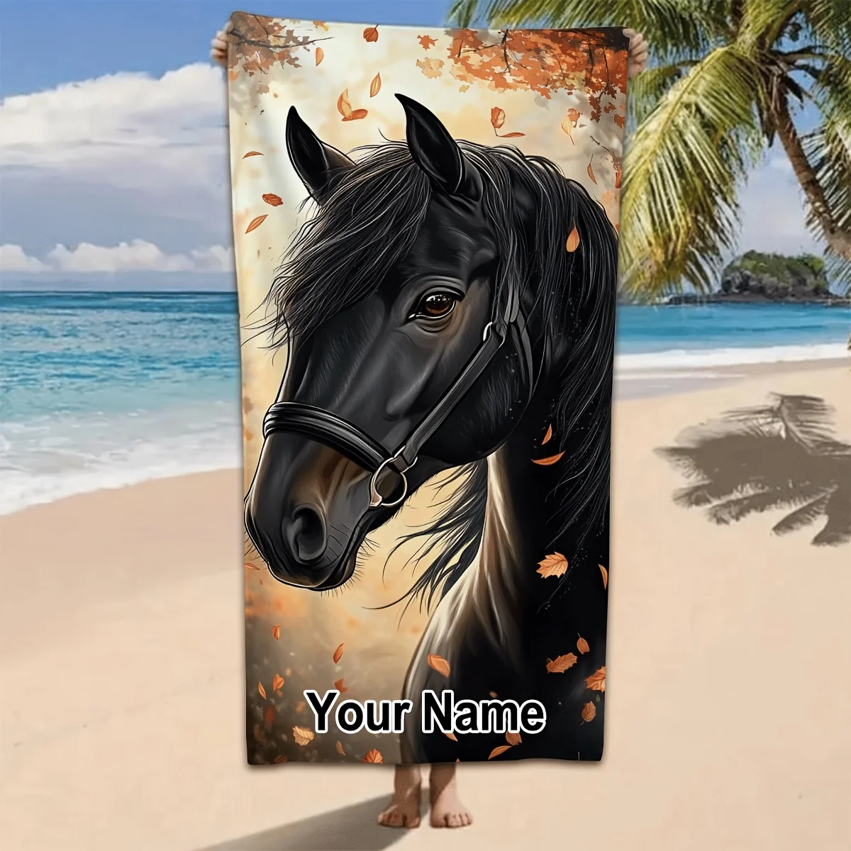 

1 customized personalized beach towel with customizable text, autumn horse themed beach towel, perfect for travel on the beach.