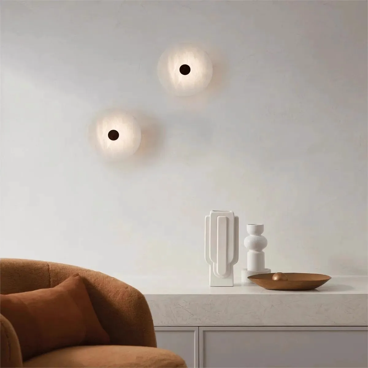

Nordic Light Luxury Style Home Decoration Circular Wall Lamp Natural White Marble Living Room Background Wall Art Bedside Lamp