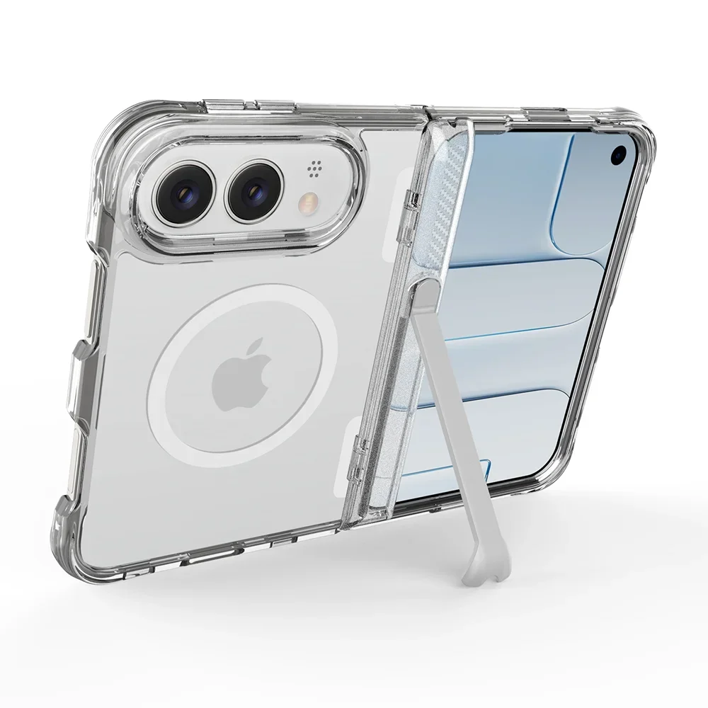 Coque de téléphone de luxe transparente antichoc avec support de protection à charnière pour iPhone 18 Duo, compatible MagSafe, couverture rigide transparente pliable magnétique