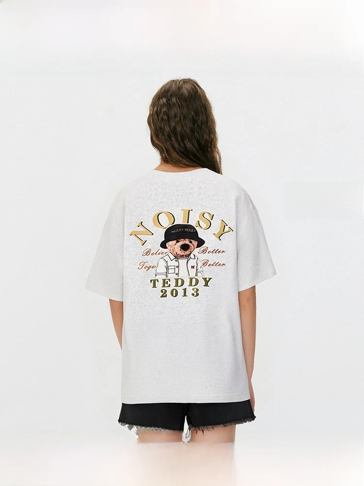 

Футболка Noisy Teddy из комфортного хлопка и полиэстера с круглым вырезом и коротким рукавом, модный принт с медведем, летняя новинка